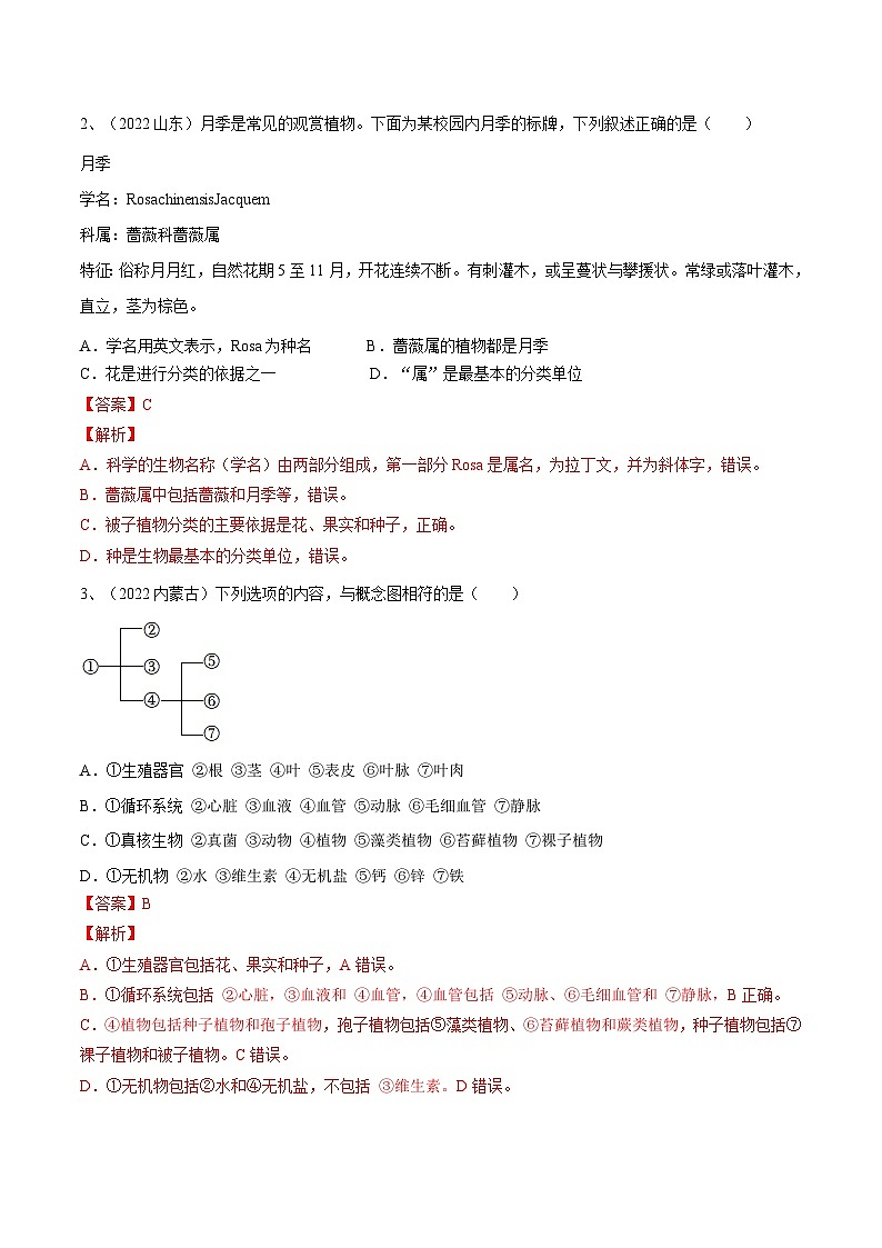 最新中考生物一轮复习课件+讲练测  专题18 生物的多样性及其保护（专题精练）02