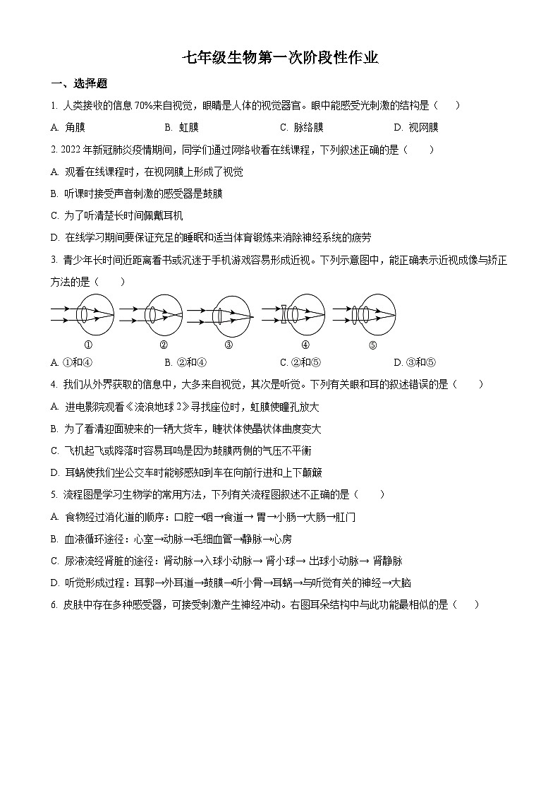 山东省泰安市新泰市宫里镇初级中学（五四制）2023-2024学年七年级下学期第一次月考生物试题（原卷版）第1页
