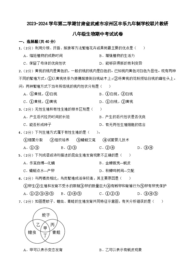 甘肃省武威市凉州区怀安九年制学校联片教研2023-2024学年八年级下学期4月期中生物试题第1页