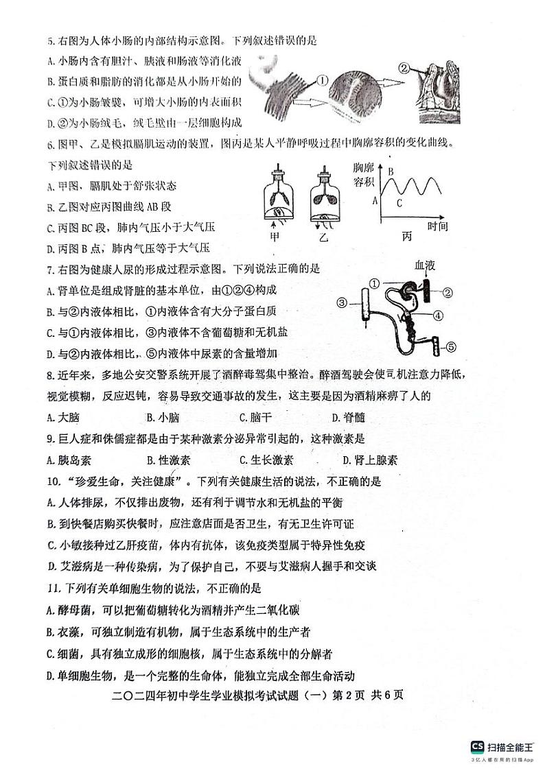 2024年山东省泰安市东平县中考第一次模拟考试生物试题02