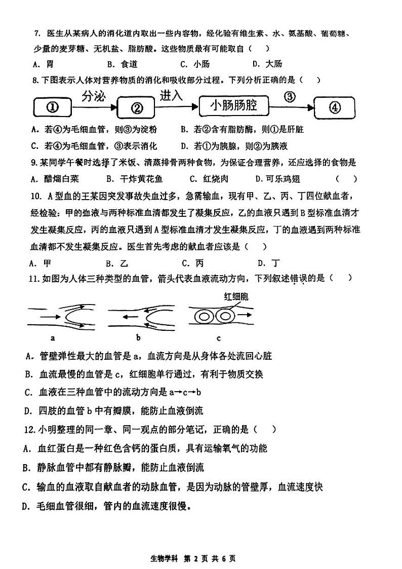 辽宁省沈阳市虹桥初级中学2023-2024学年七年级下学期4月月考生物试题第2页