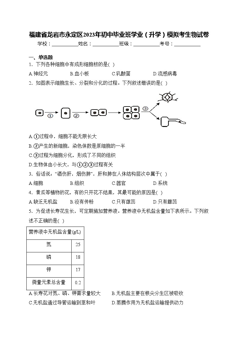 福建省龙岩市永定区2023年初中毕业班学业（升学）模拟考生物试卷(含答案)第1页