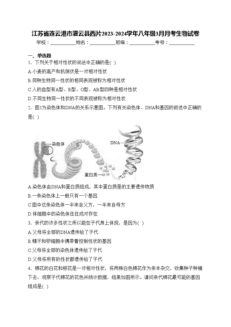 江苏省连云港市灌云县西片2023-2024学年八年级3月月考生物试卷(含答案)第1页
