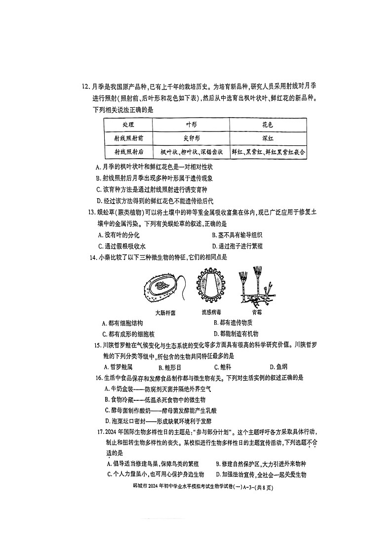 2024年陕西省渭南市韩城市中考一模生物试卷03