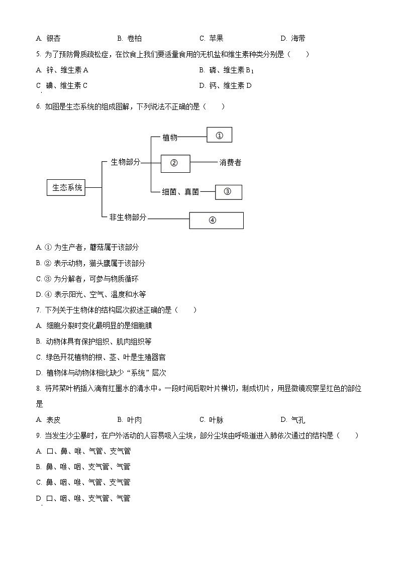 2024年吉林省长春市中考一模生物试题（原卷版+解析版）02