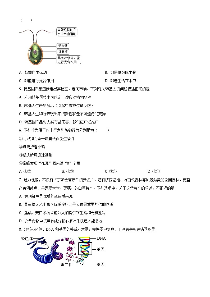 2024年江苏省南通市中考二模生物试题（原卷版+解析版）02