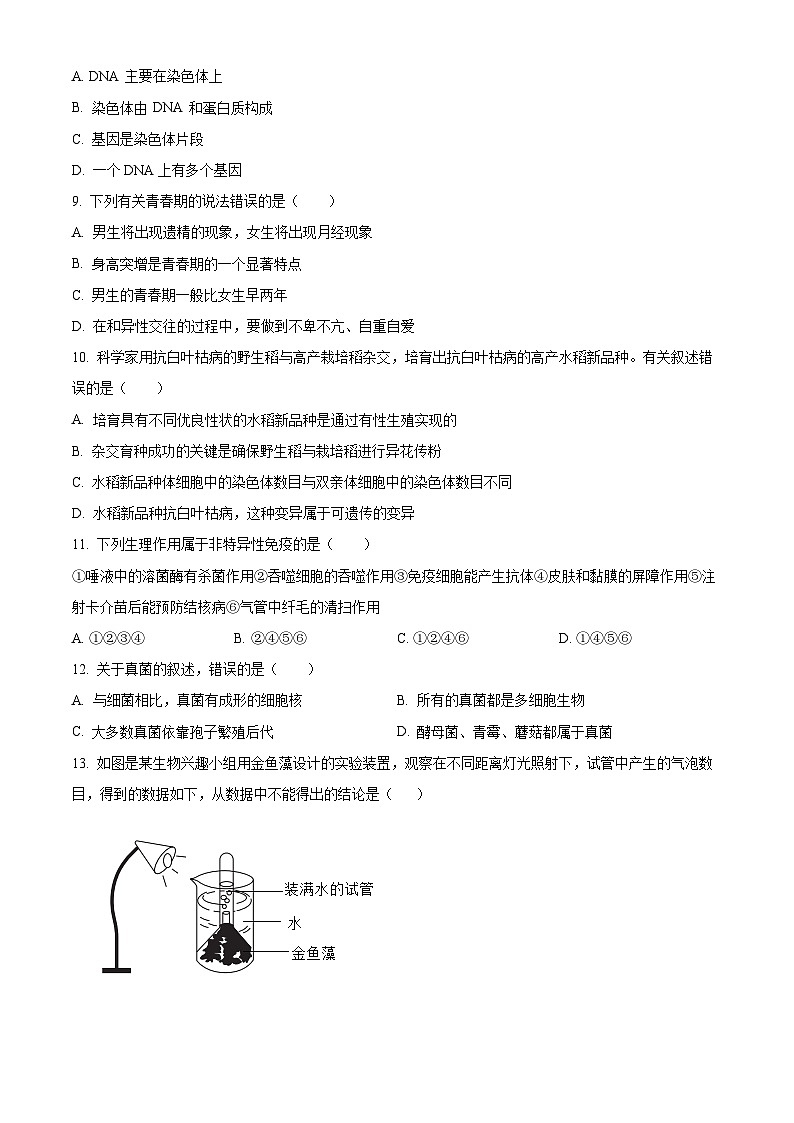 2024年江苏省南通市中考二模生物试题（原卷版+解析版）03