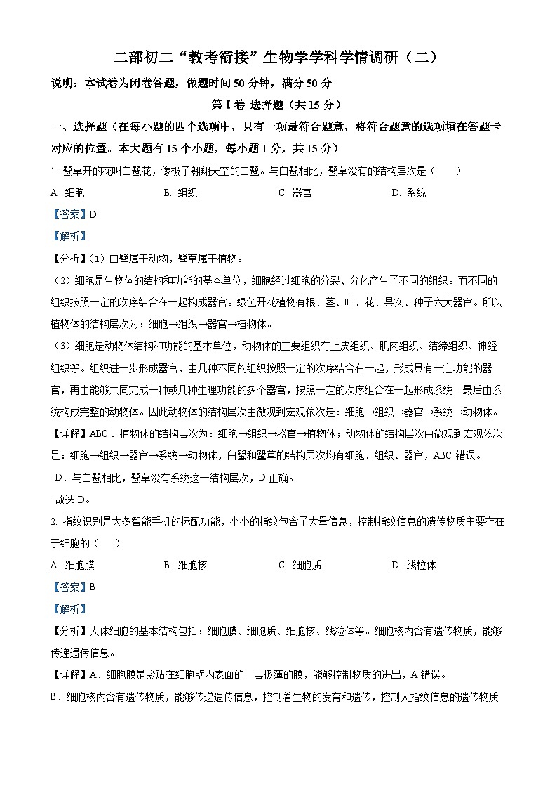 山西省太原市新希望双语学校2023-2024学年八年级下学期4月月考生物试题（原卷版+解析版）01