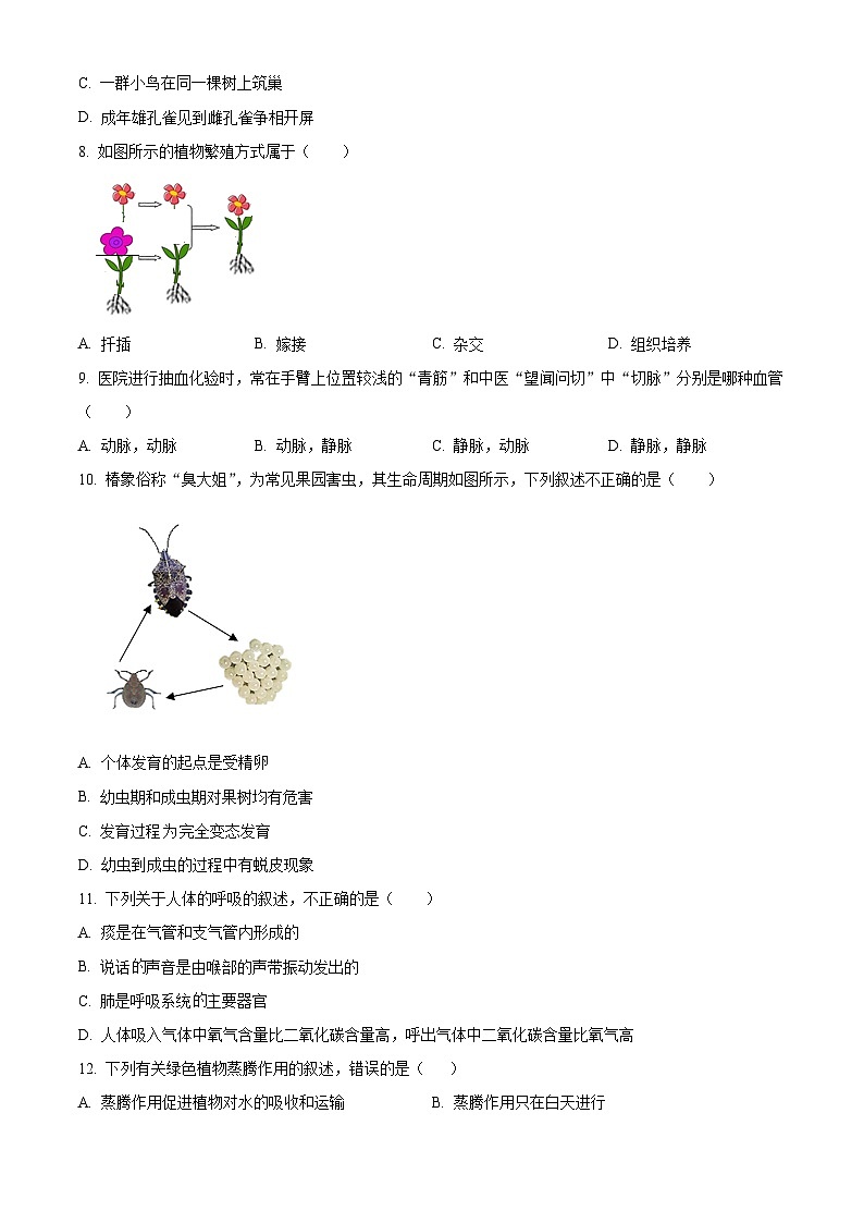 2024年甘肃省武威市凉州区武威第九中学教研联片中考一模生物试题（原卷版+解析版）02