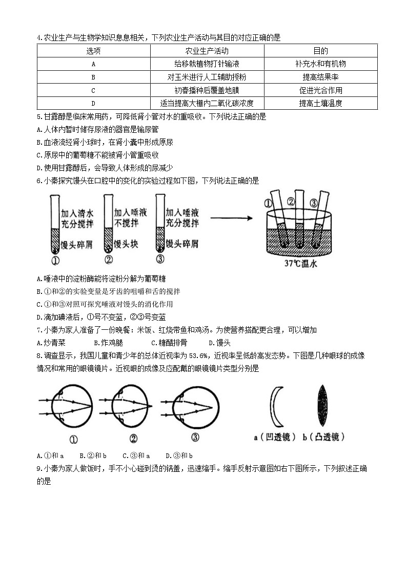 2024年陕西省渭南市韩城市中考一模生物试卷02