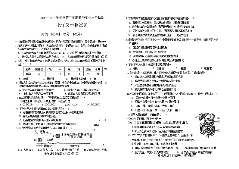 山东省聊城市莘县2023-2024学年七年级下学期4月期中生物试题01