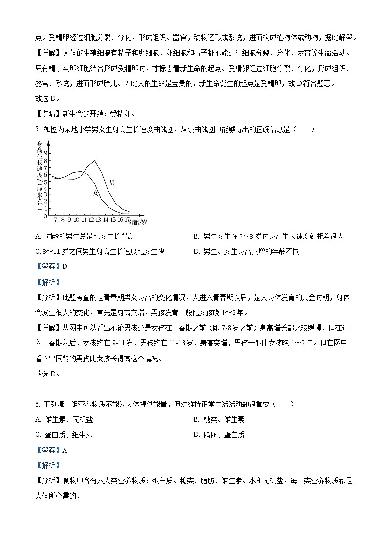 山西省太原市晋源区长兴南街学校2023-2024学年七年级下学期3月月考生物题（原卷版+解析版）03