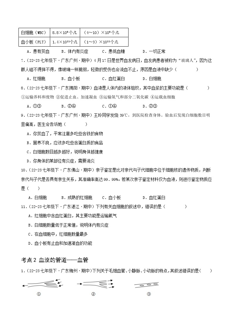 4.4 人体内物质的运输 备战2023-2024学年七年级生物下学期期中真题分类汇编（广东专用）02