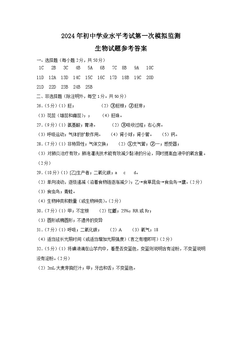 2024生物模拟一答案第1页