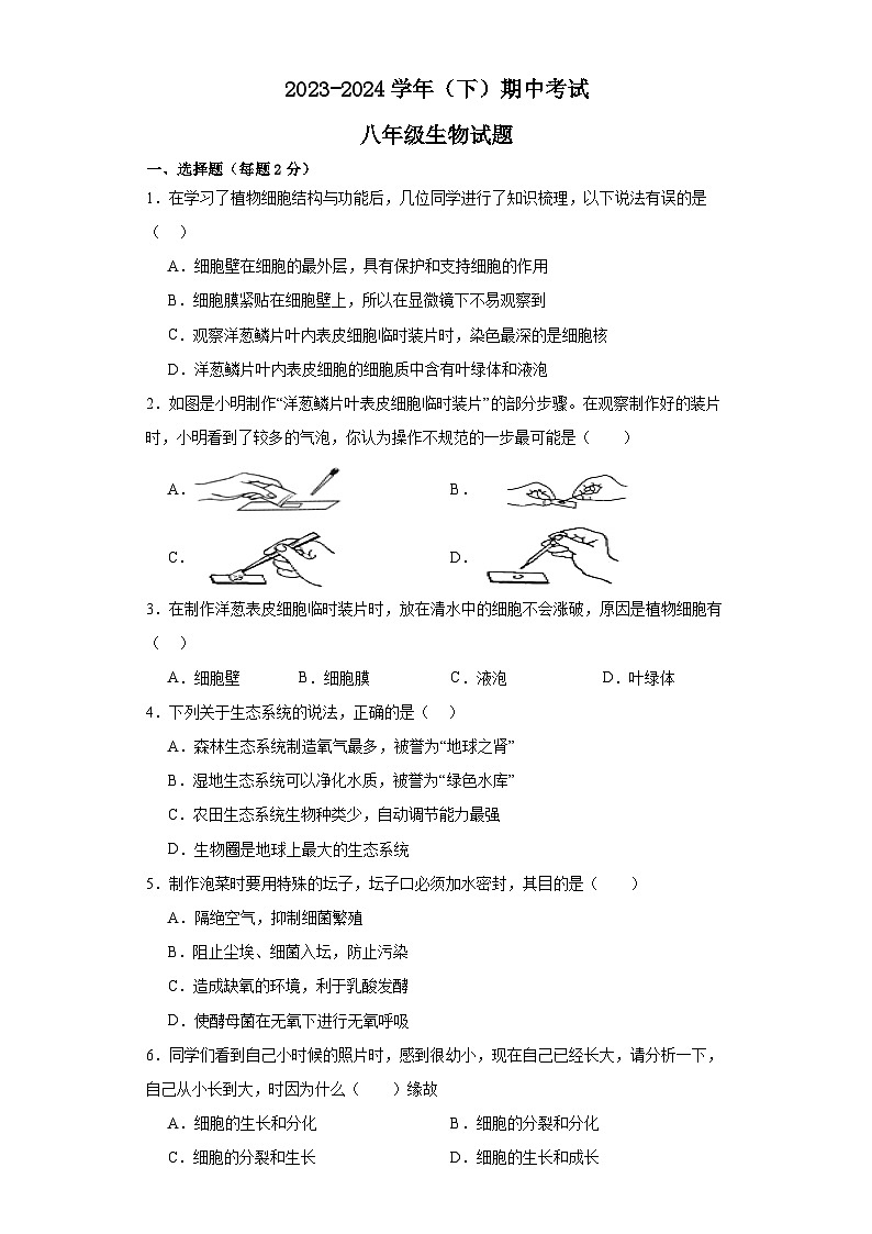 福建省华安县2023-2024学年八年级下学期期中生物试题第1页