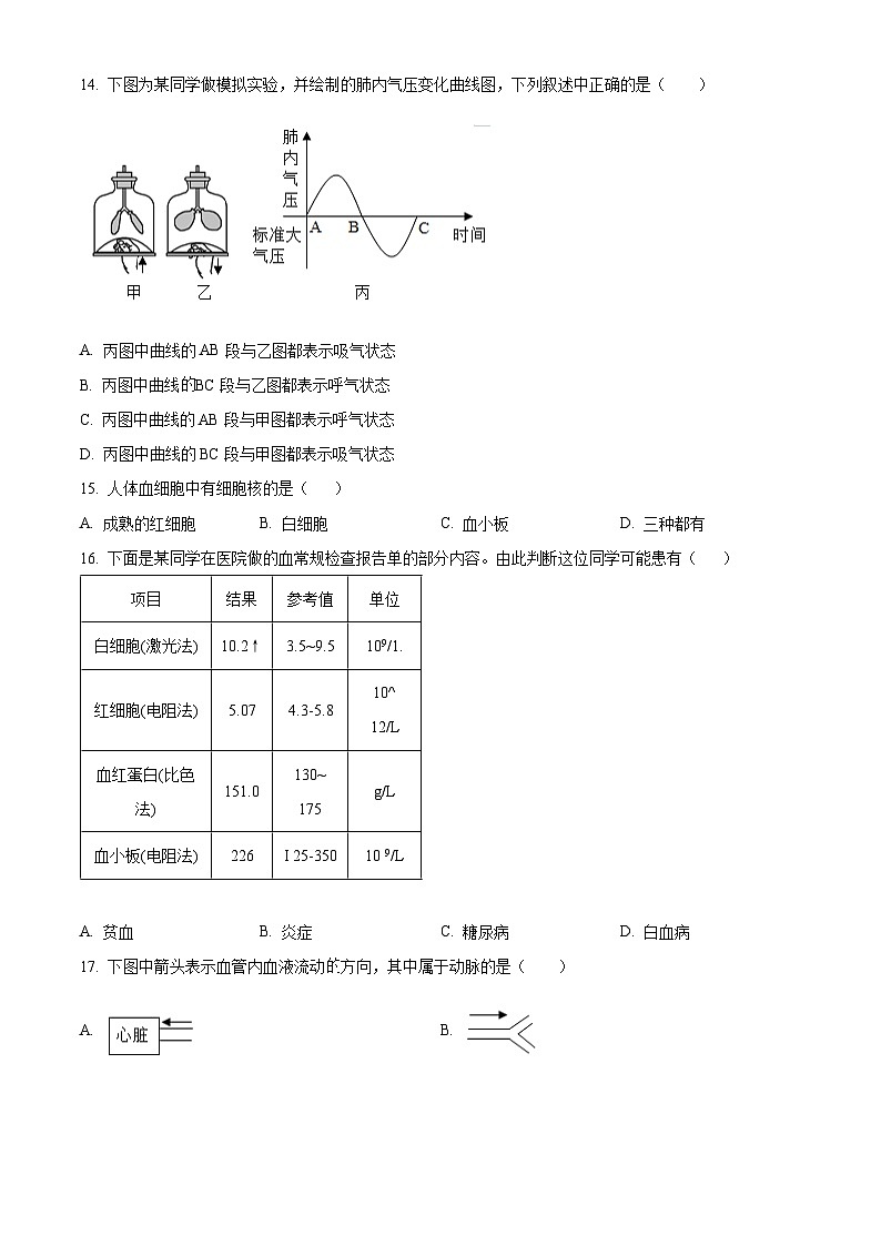 四川省峨边彝族自治县大堡初级中学2023-2024学年七年级下学期第一次月考生物试题（原卷版）第3页