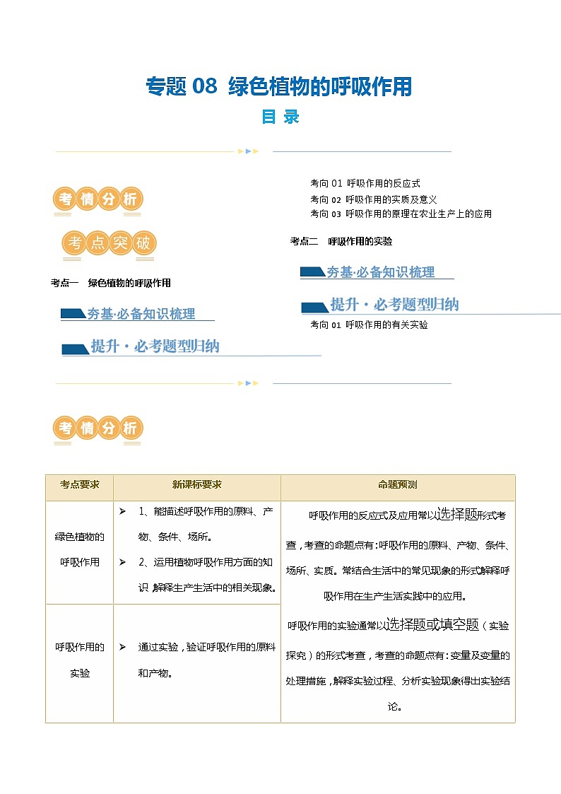 专题08 绿色植物的呼吸作用（讲义）（原卷版）第1页