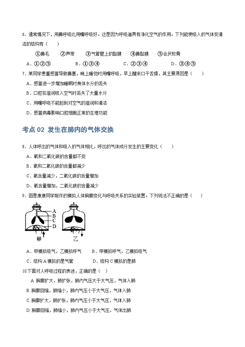 专题11 人体的呼吸（练习）（原卷版）第2页