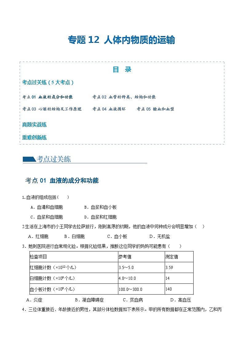 专题12 人体内物质的运输（练习）（原卷版）第1页