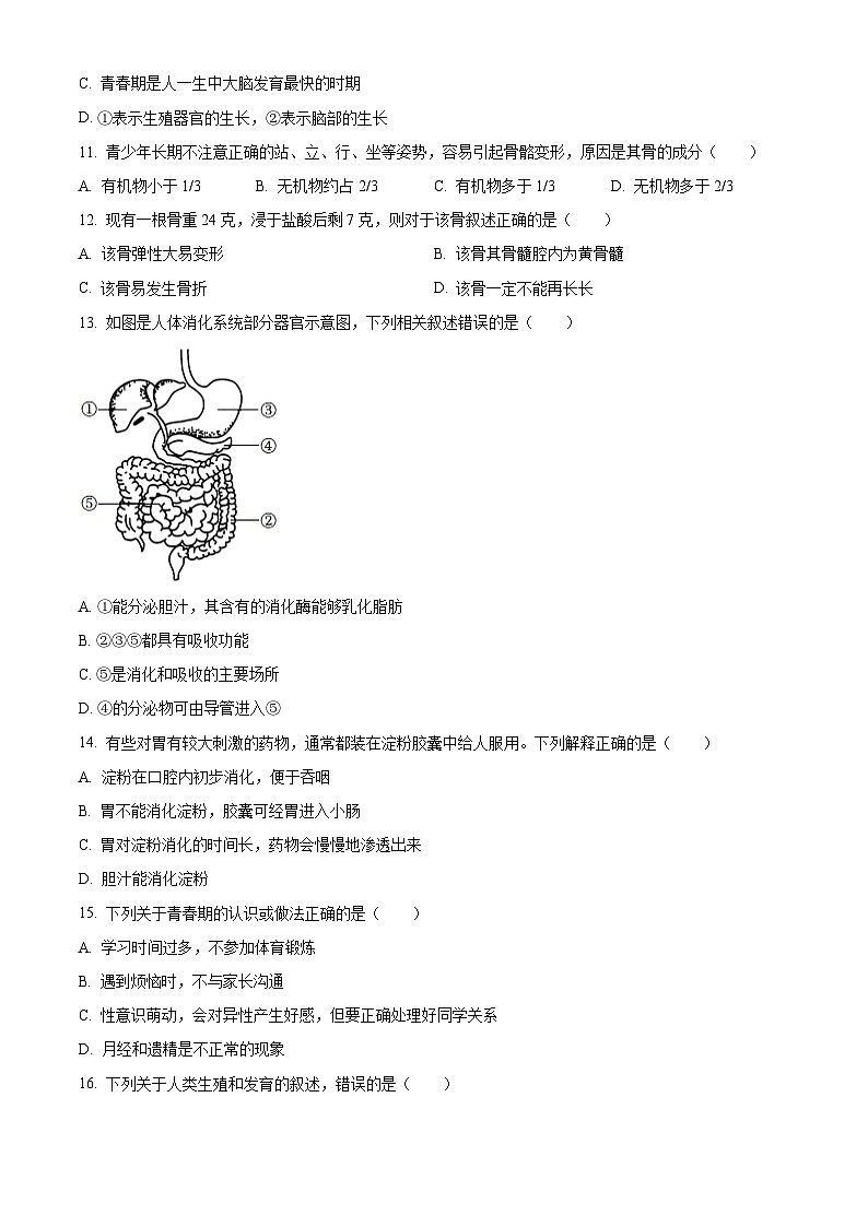 湖南省永州市京华中学2023-2024学年七年级下学期4月月考生物试题（原卷版+解析版）03