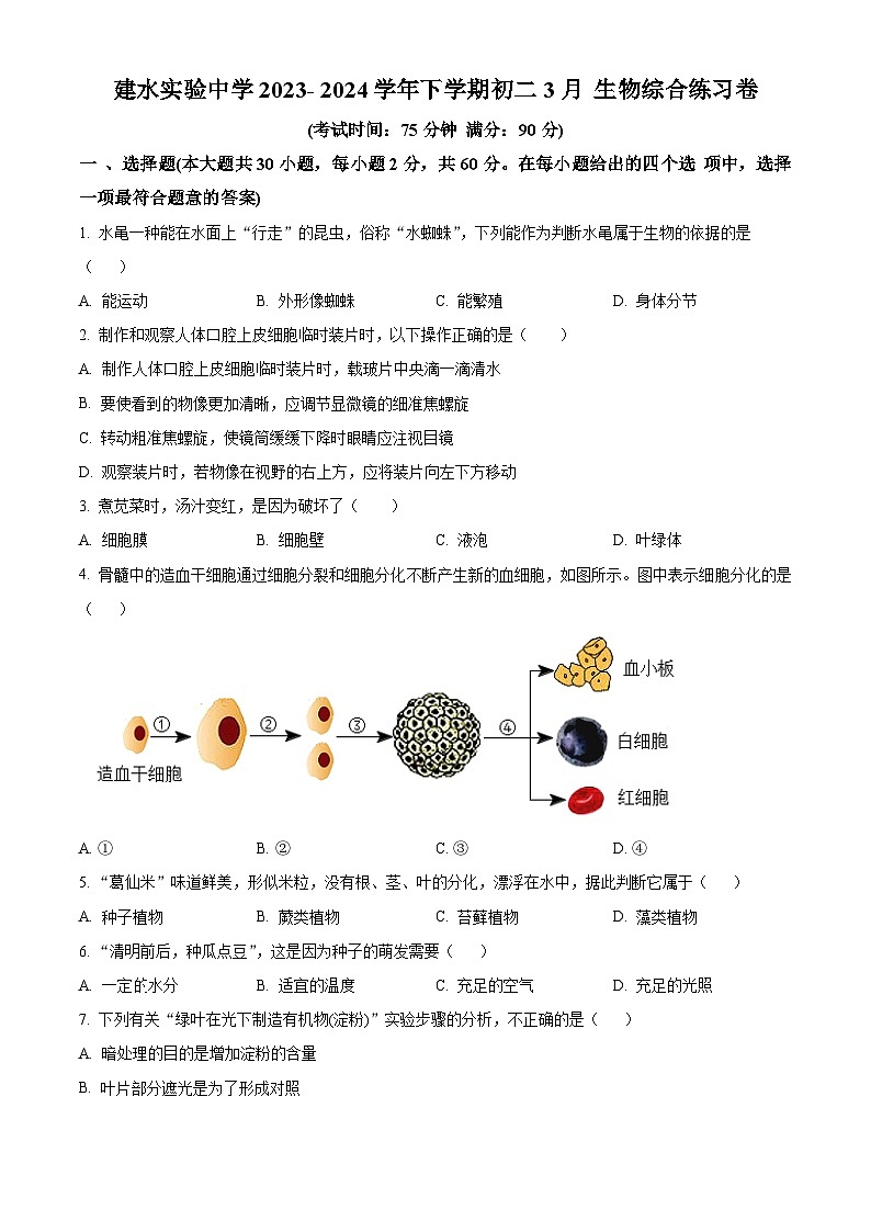 云南省建水实验中学2023-2024学年八年级下学期3月月考生物试题（原卷版+解析版）01
