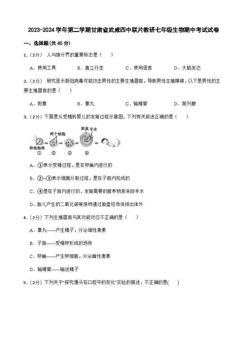 甘肃省武威第四中学联片教研2023-2024学年七年级下学期4月期中生物试题01