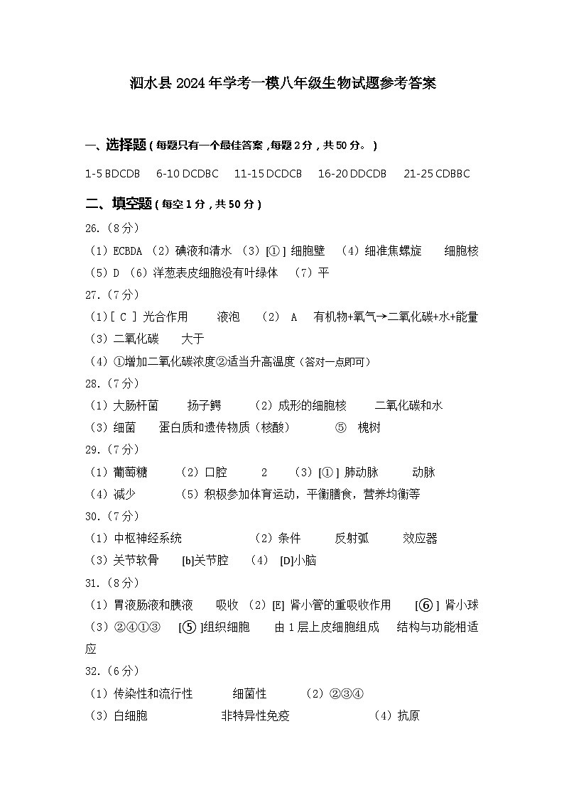 2024年山东省济宁市泗水县中考一模生物试题01