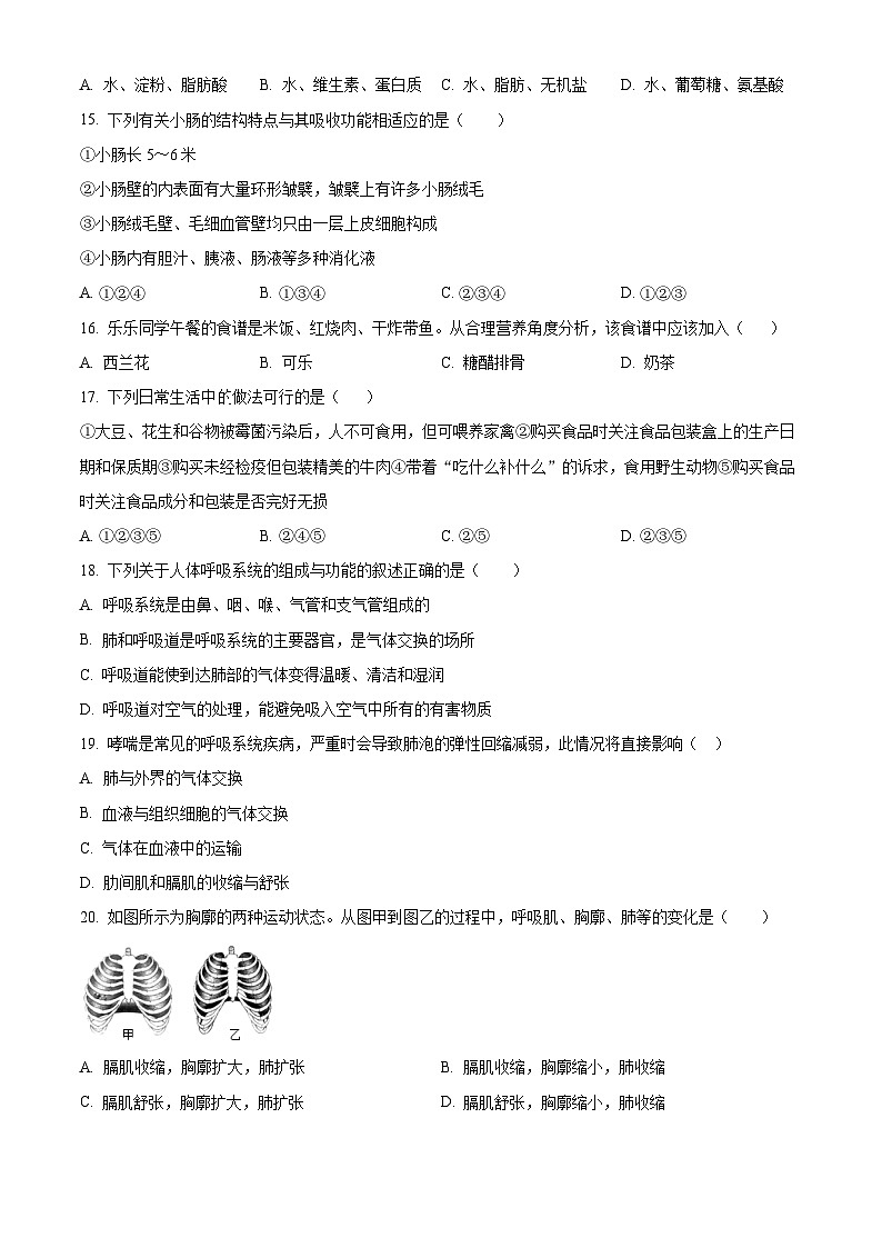 山东省临沂市临沭县第三初级中学2023-2024学年七年级下学期第一次月考生物试题（原卷版+解析版）03