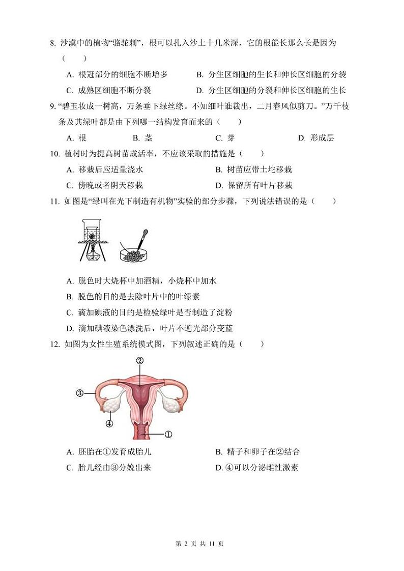 【全套精品试卷】初中复习专题精讲湖南省长沙市四大名校附属中学雅礼2021-2022年八下期中生物试卷（带答案）02