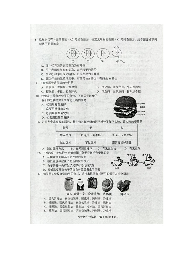 江苏省盐城市阜宁县2023-2024学年八年级下学期4月期中生物试题第2页