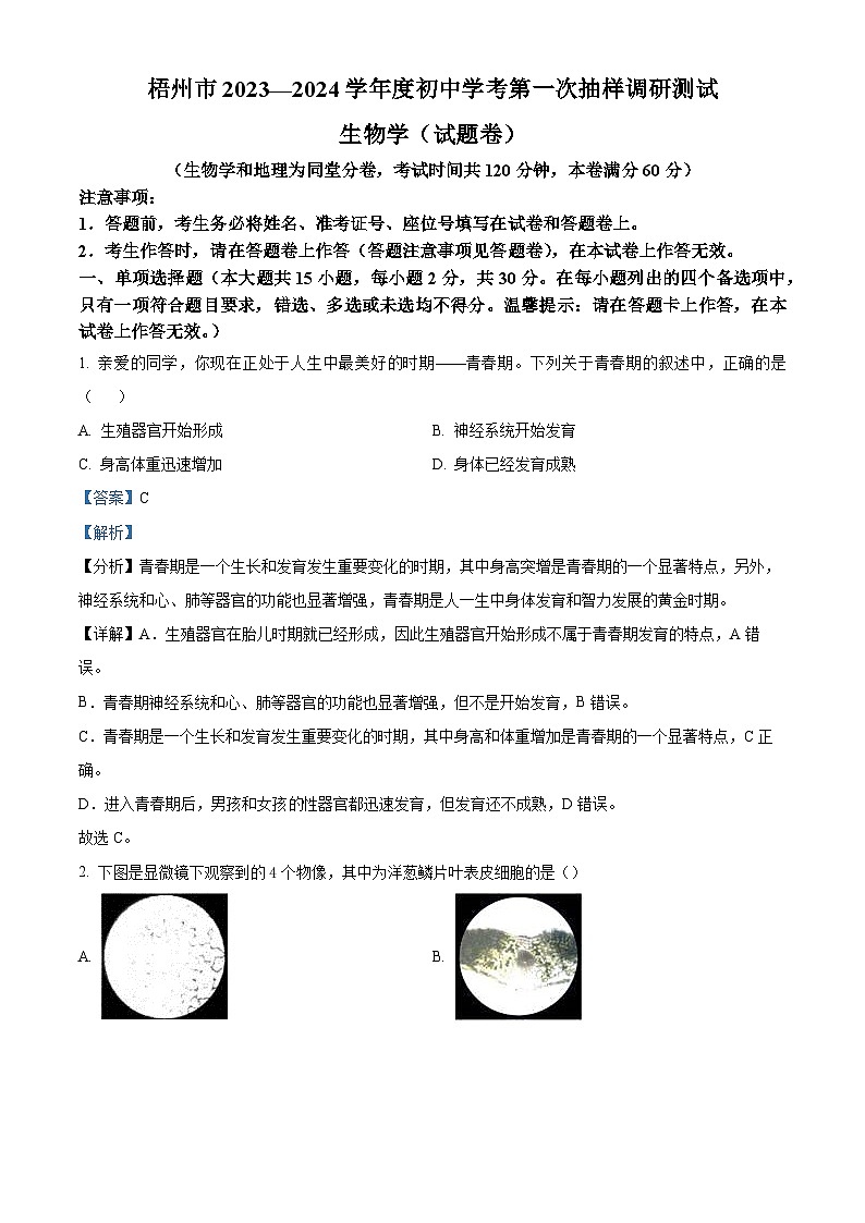 2024年广西梧州市中考一模生物试题（原卷版+解析版）01