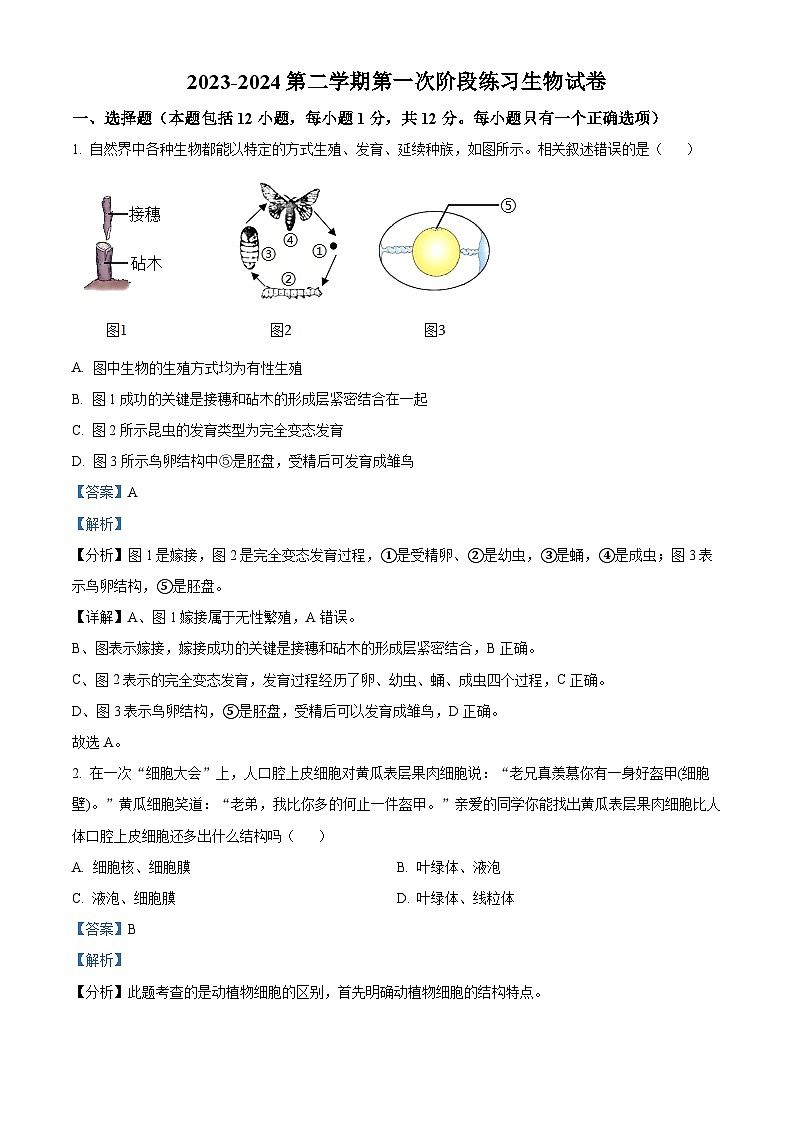 辽宁省兴城市第二初级中学2023-2024学年八年级下学期第一次月考生物试题（原卷版+解析版）01