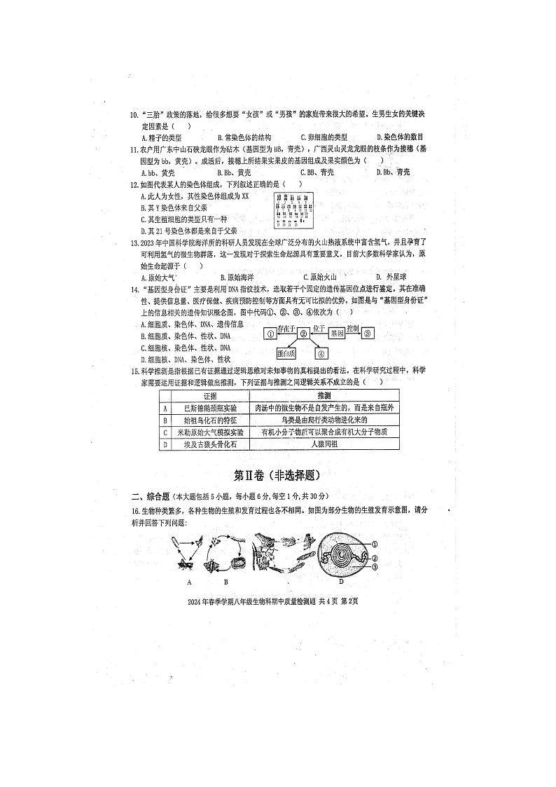 2024年春广西防城港市防城区八年级生物科下册期中质量检测题（扫描版含答案）第2页