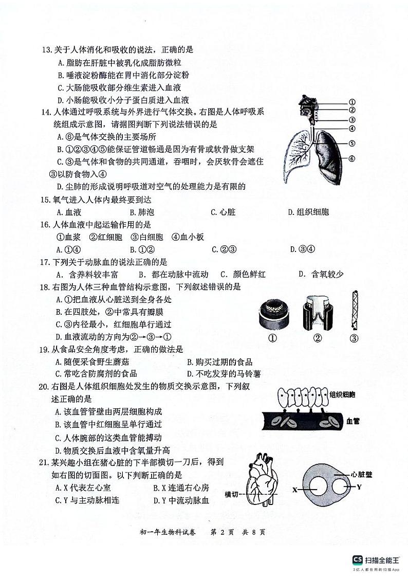 福建省晋江市安海镇五校2023-2024学年七年级下学期期中联考生物试题02