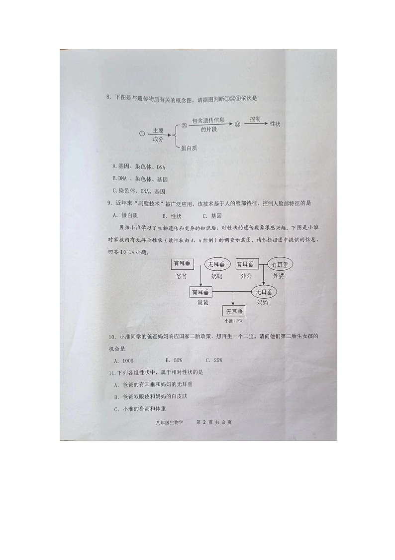 江苏省淮安市淮安区2023-2024学年八年级下学期期中学业监测生物试卷第2页