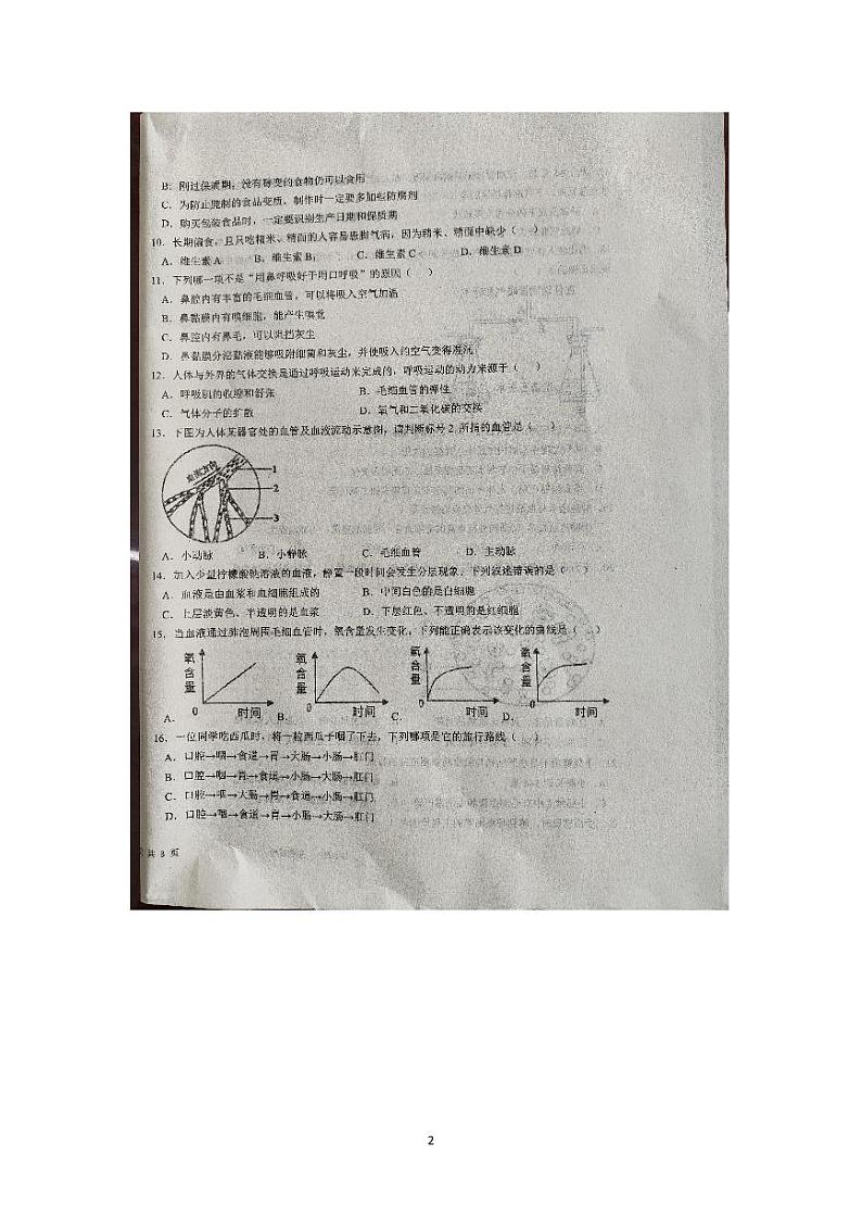 安徽省安庆市桐城市第二中学2023-2024学年七年级下学期4月期中生物试题02