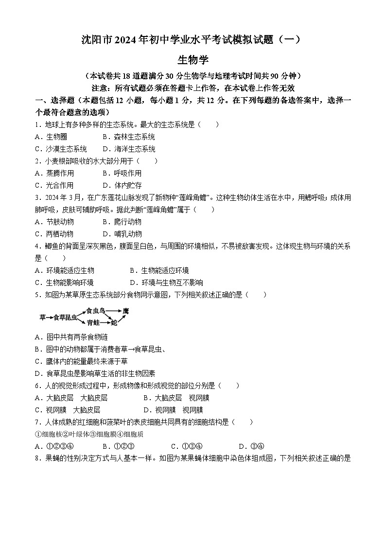 2024年辽宁省沈阳市初中学业水平考试模拟试题（一）生物学试题第1页