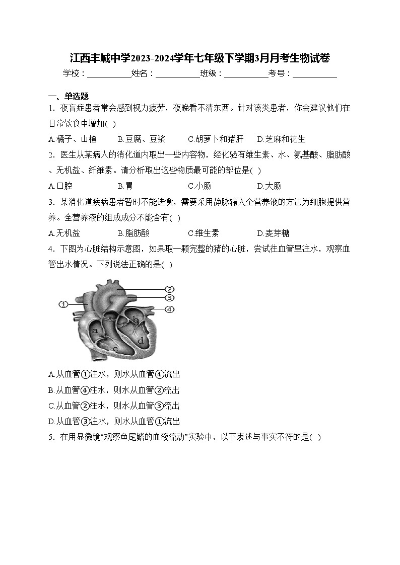 江西丰城中学2023-2024学年七年级下学期3月月考生物试卷(含答案)第1页