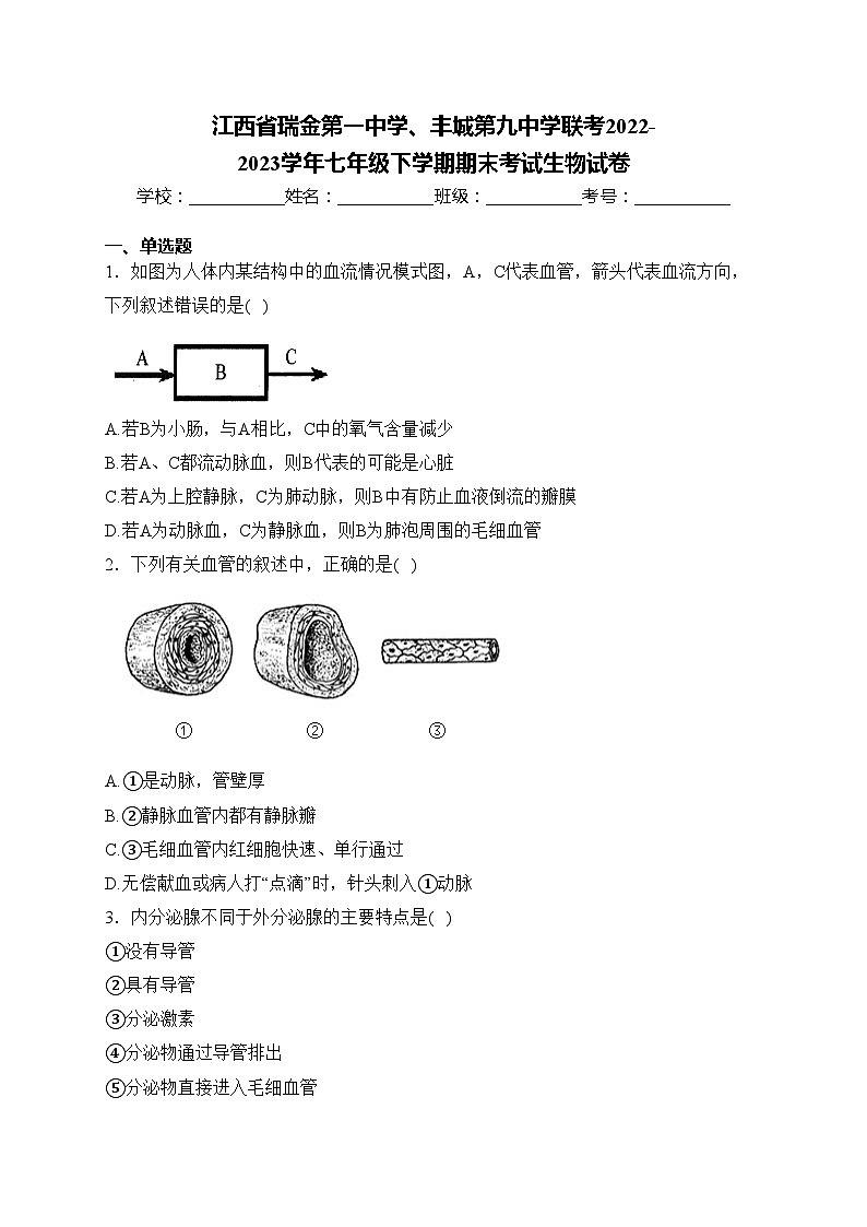 江西省瑞金第一中学、丰城第九中学联考2022-2023学年七年级下学期期末考试生物试卷(含答案)第1页