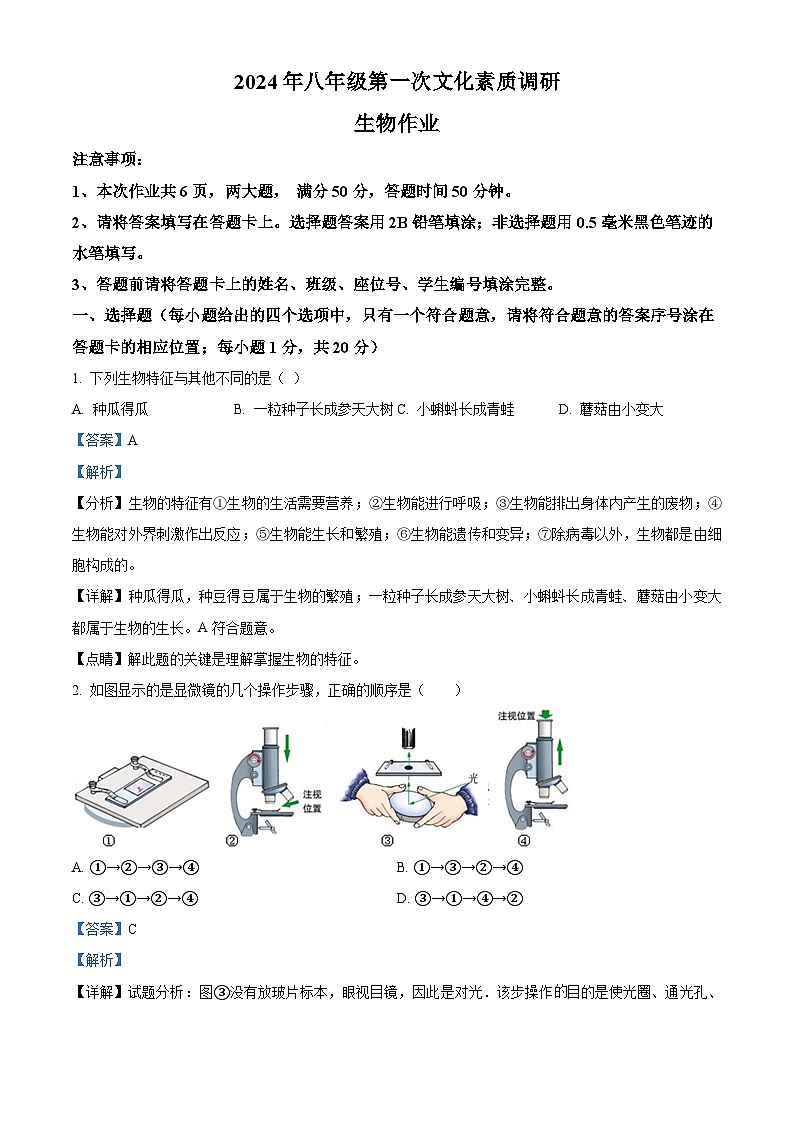 2024年河南省南阳市西峡县中考一模生物试题（原卷版+解析版）01