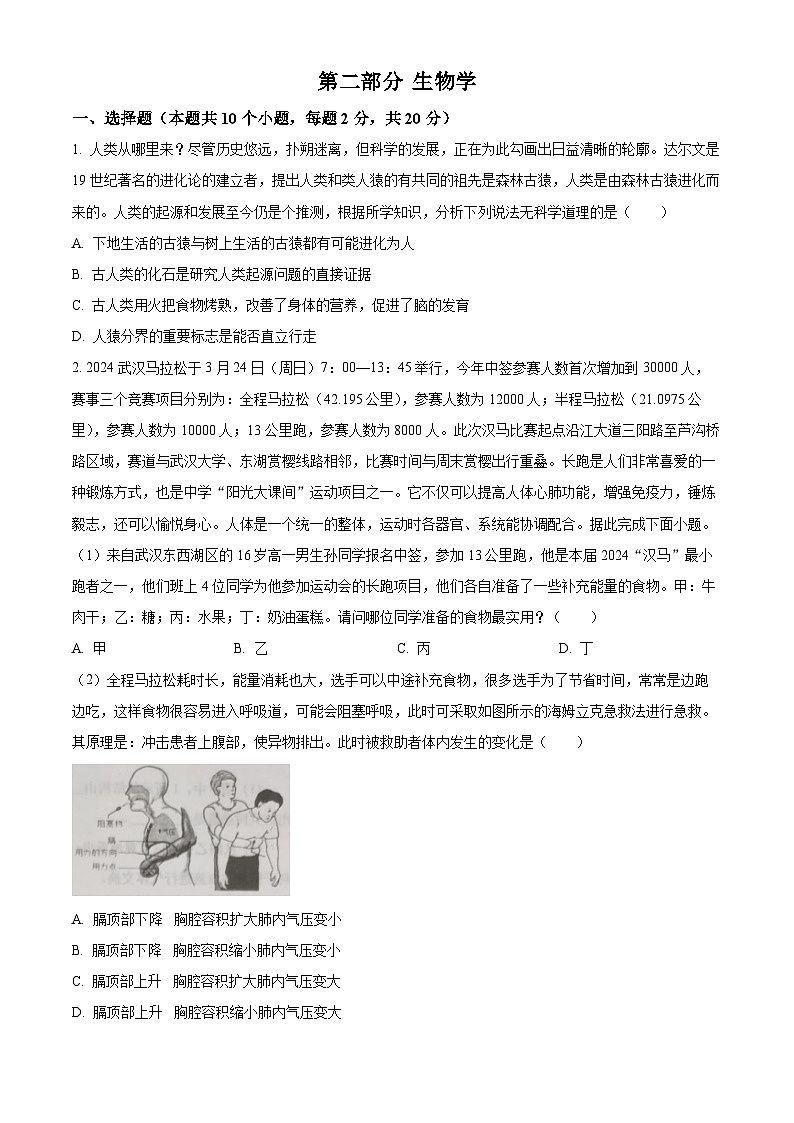 湖北省孝感市云梦县2023-2024学年七年级下学期期中生物试题（原卷版）第1页