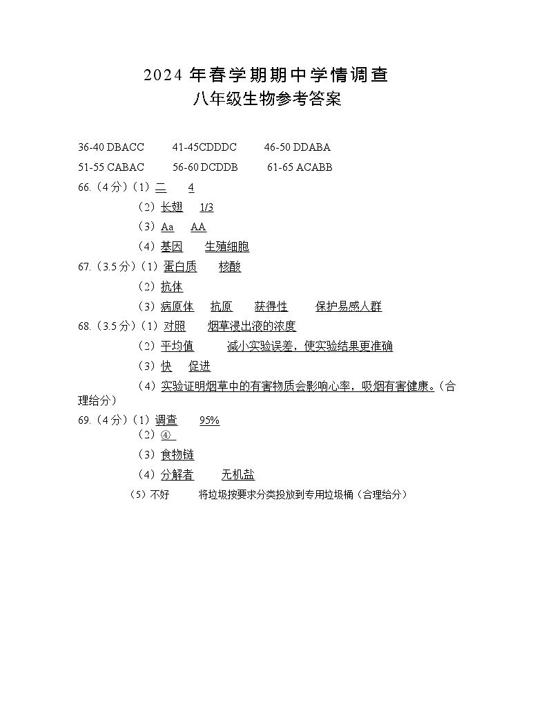 2024春学期八年级生物期中参考答案第1页