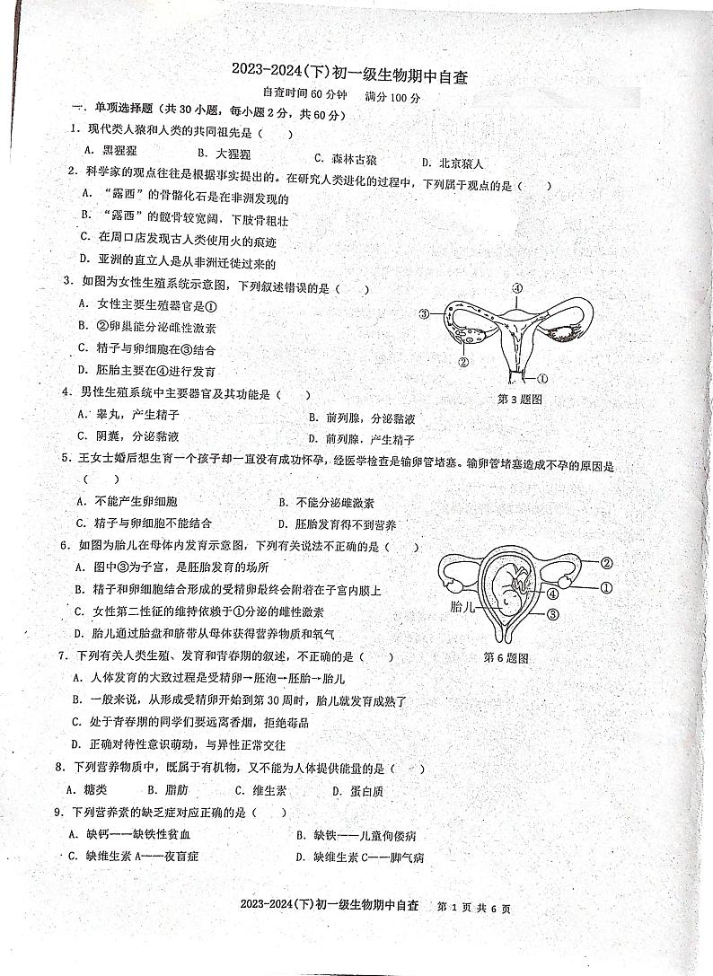 广东省东莞市长安实验中学2023-2024学年七年级下学期期中考试生物试题01