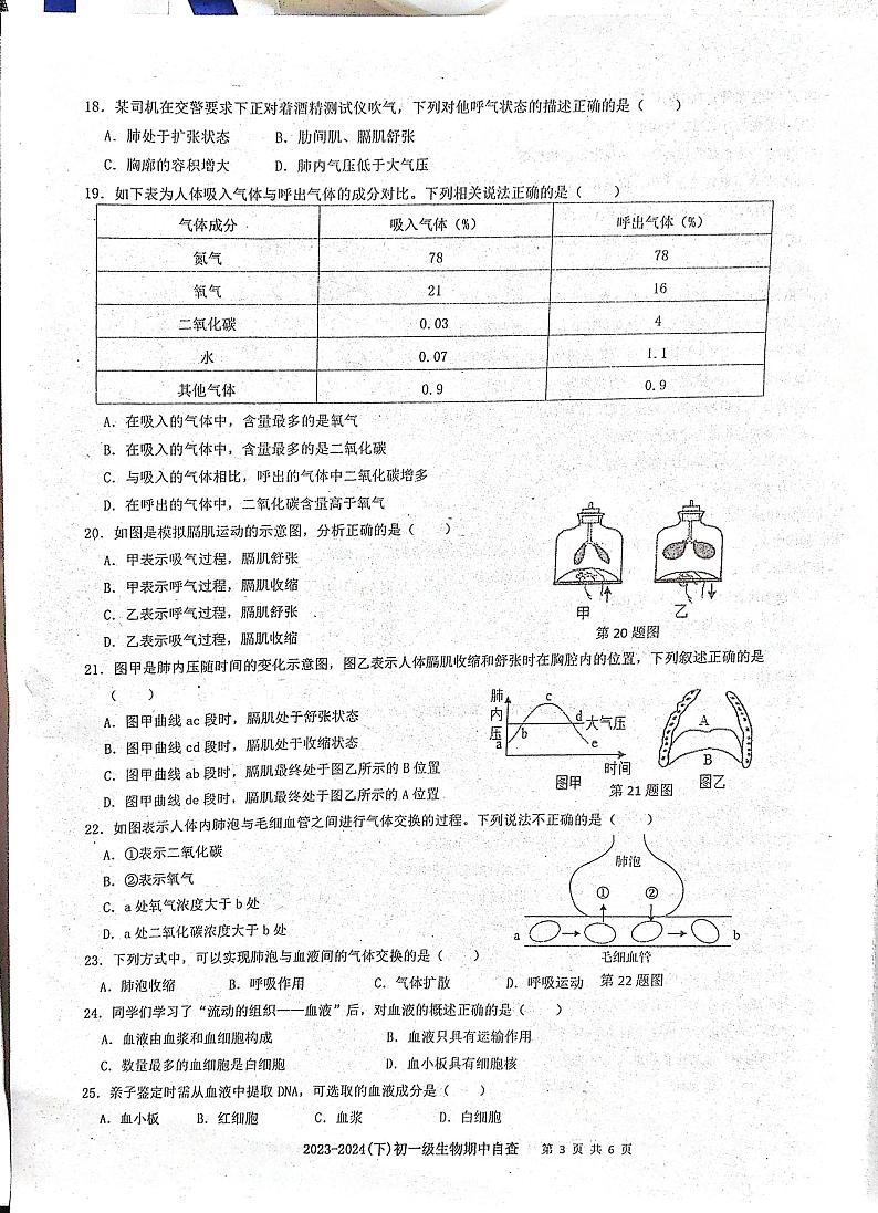 广东省东莞市长安实验中学2023-2024学年七年级下学期期中考试生物试题03