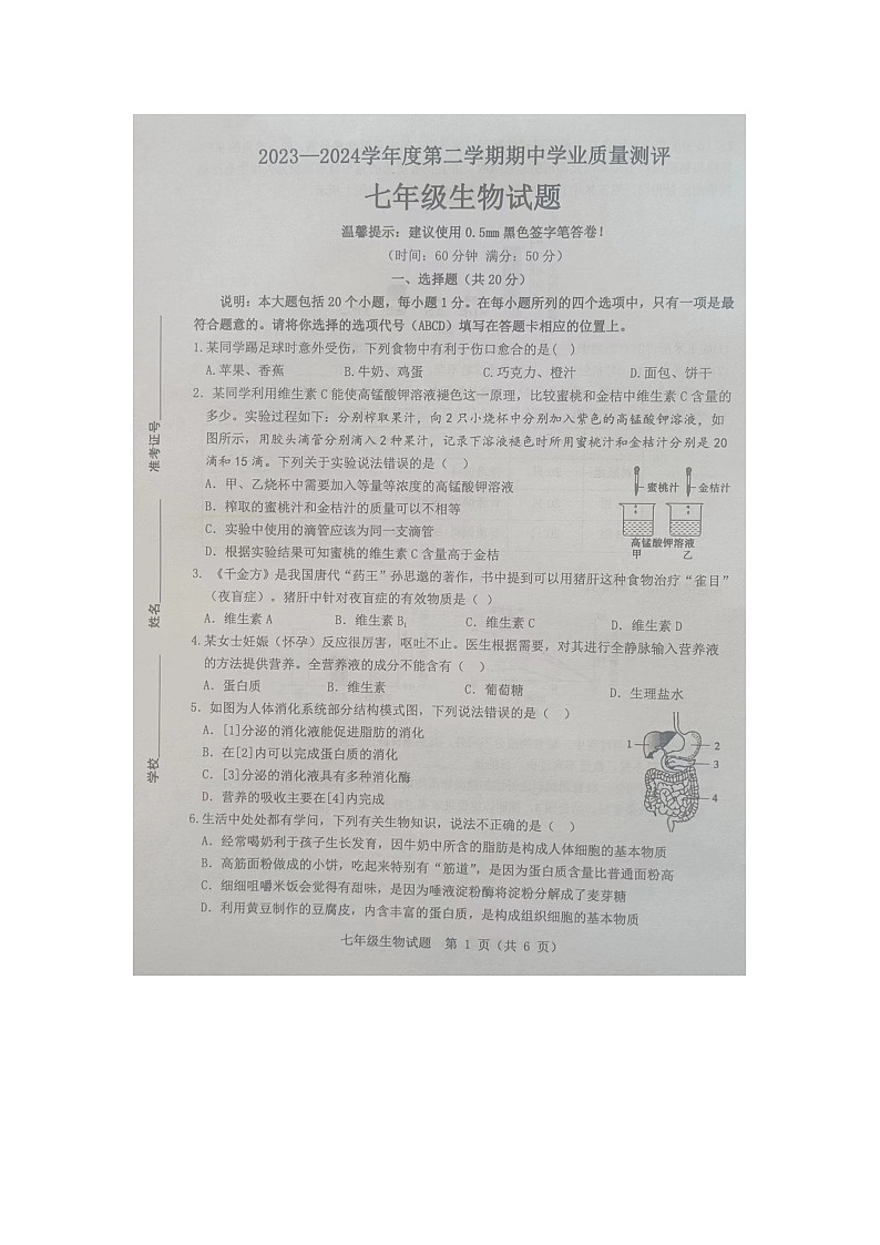 山东省菏泽市成武县2023-2024学年七年级下学期4月期中生物试题01