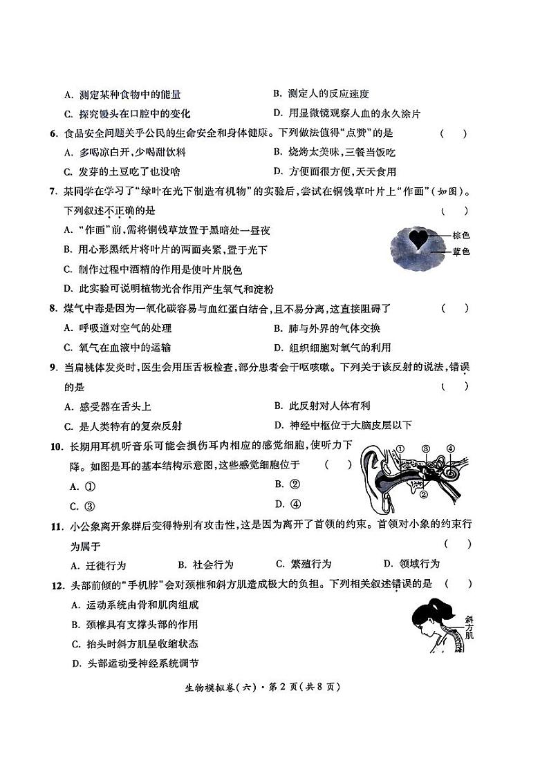 2024年陕西省初中学业水平考试生物模拟卷(六)第2页