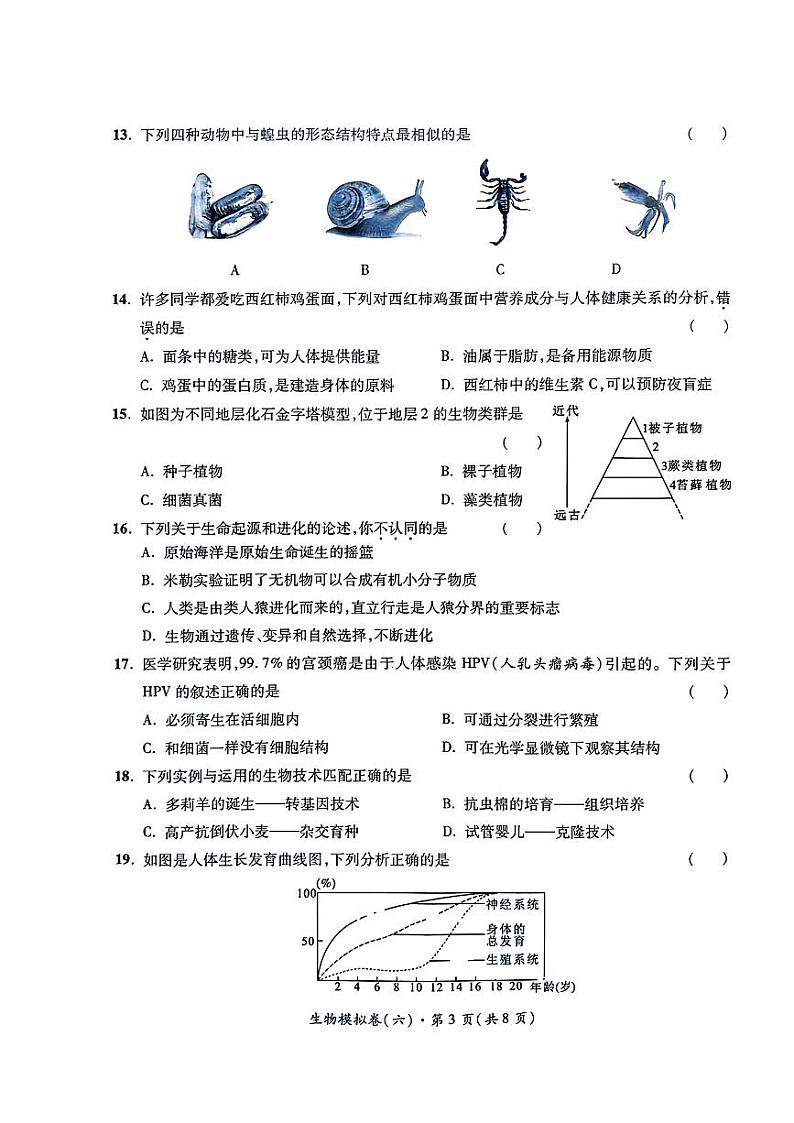 2024年陕西省初中学业水平考试生物模拟卷(六)第3页