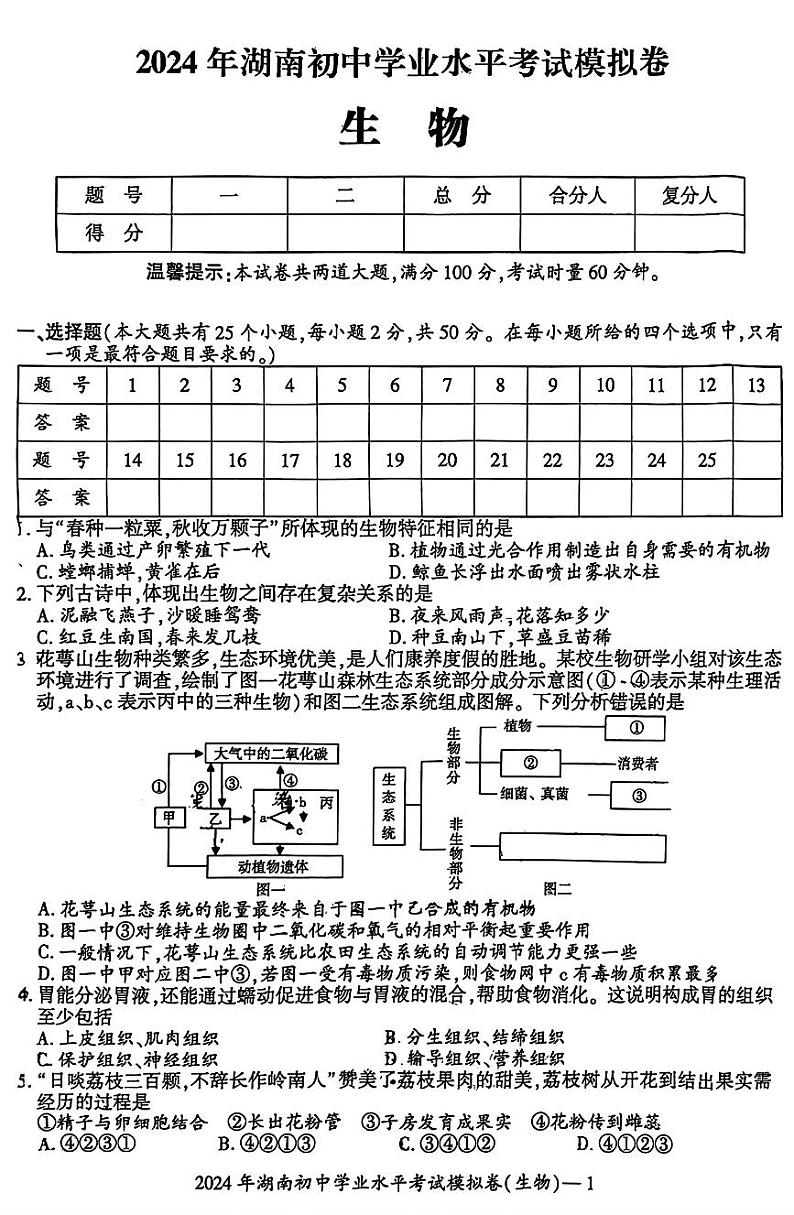 2024年湖南省邵阳市邵东城区初中学业水平模拟考试生物试题第1页