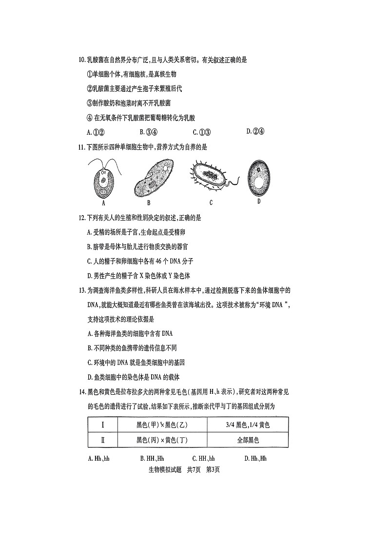 2024年山东省泰安市泰山区初中 一模生物试题（扫描版无答案）第3页
