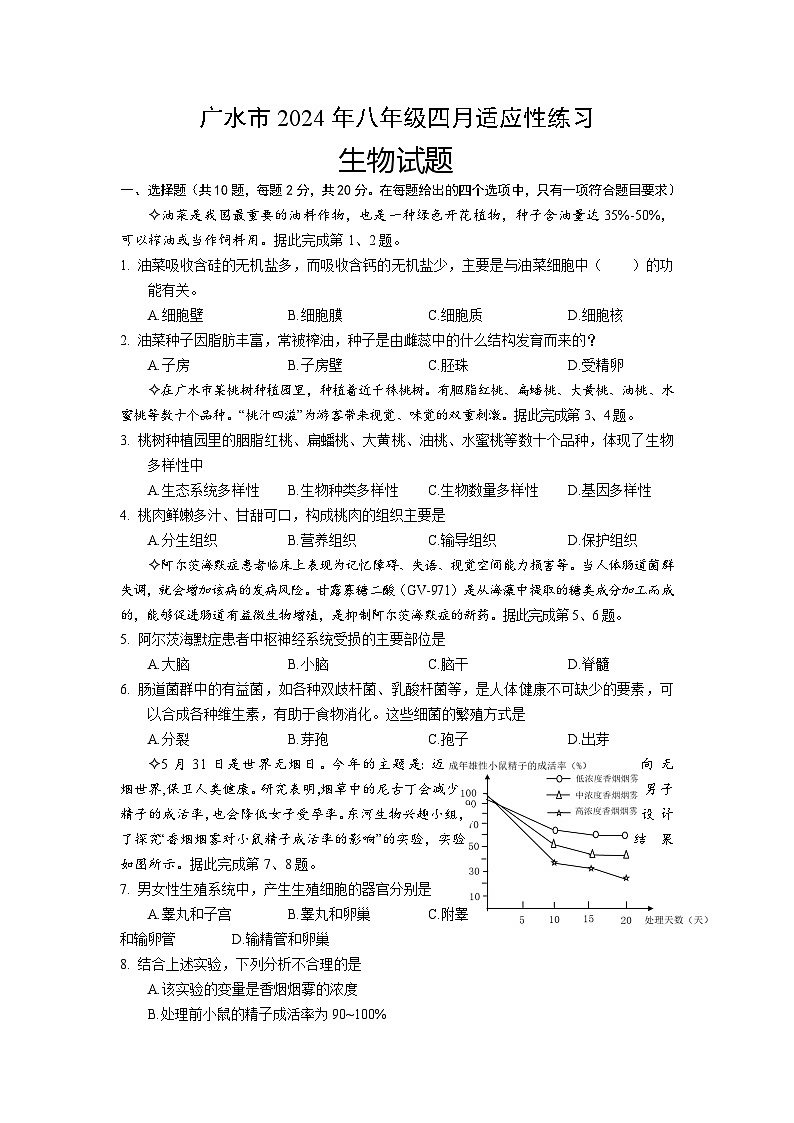 2024年湖北省广水市4月中考适应性考试生物试卷（含答案）01